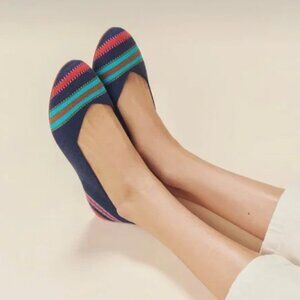 Rothy's Merino Navy Blue Ribbon Stripe Round Toe Ballet The Flat 9.5 EUC